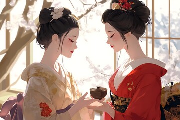 Obraz premium Two Women in Traditional Japanese Kimono Holding a Tea Cup.