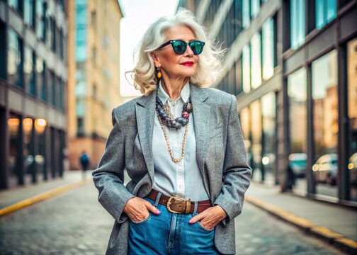 Retro-inspired senior woman wears oversized blazer, acid-washed jeans, statement sunglasses, and chunky jewelry,