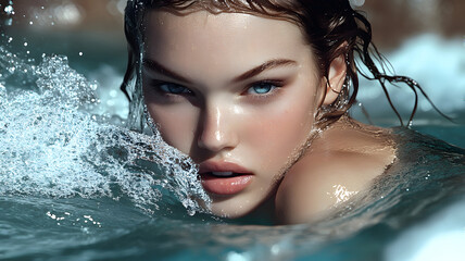 Fototapeta premium portrait beautiful girl swimming at scenic waterfall wallpaper