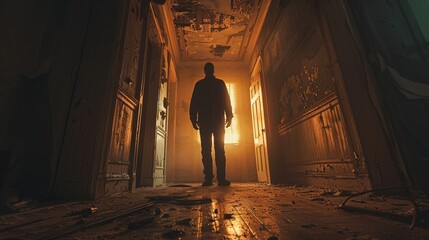A silhouetted figure stands in the middle of a decaying, abandoned hallway, illuminated by a bright light pouring through an open door at the end of the corridor