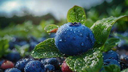 Close-up image of plump, water-droplet-covered fresh blueberries resting among green leaves in a lush outdoor garden setting