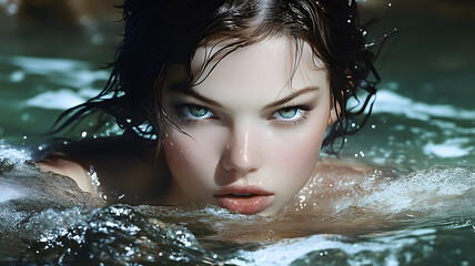 portrait beautiful girl swimming at scenic waterfall wallpaper