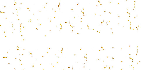 Abstract doted and confetti golden glitter and zigzag ribbon particles splatter on transparent background. Luxury golden glitter confetti that floats down falling bokeh celebration background.