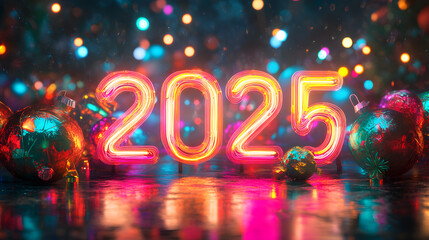 Vivid neon lights creating the numbers '2025' for a New Year’s celebration.
