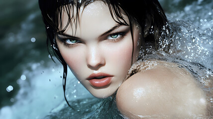 portrait beautiful girl swimming at scenic waterfall wallpaper