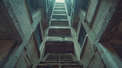 Fototapeta premium A breathtaking upward view captures the architectural grandeur of an aged, multi-storied building with weathered walls and an open sky at the top