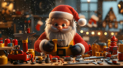 3D Santa's Workshop with Tools and Toys: Festive Scene Featuring Santa Surrounded by Creative Tools in a Glossy Environment with Soft Lighting - Perfect for Holiday Designs