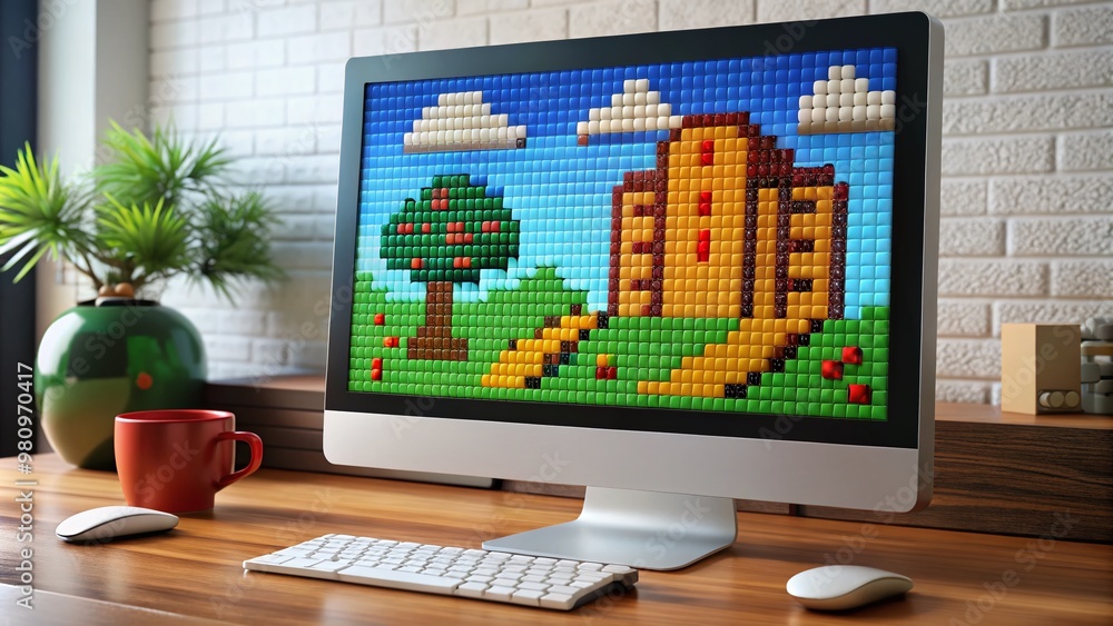 Fototapete Retro-style computer screen displaying vibrant, pixelated graphics and bold, blocky text in a nostalgic 8-bit font,