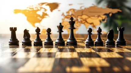 Chess pieces arranged on a chessboard over a world map, representing strategic competition in global business.