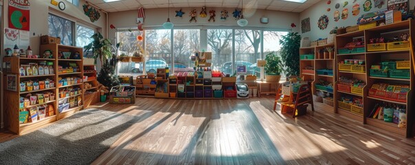 A brightly lit, well-organized preschool classroom filled with vibrant educational toys, books, and colorful decorations, perfect for young children's learning and play