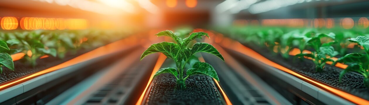 A close-up view of young plants growing in a modern greenhouse under bright lighting, symbolizing innovation in agriculture.