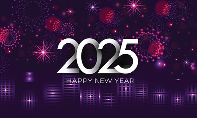 Happy new year 2025 background with night city building fireworks in the sky