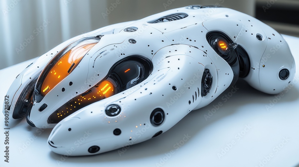 Aufkleber futuristic robotic device with glowing elements and sleek design.