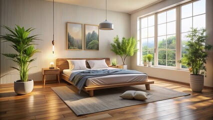 Serene morning ambiance fills a calm bedroom where a neatly made bed and few belongings hint at a peaceful yoga routine and simplistic daily harmony.