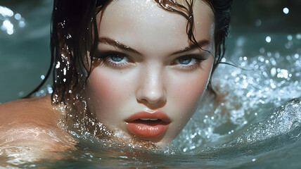 Obraz premium portrait beautiful girl swimming at scenic waterfall wallpaper