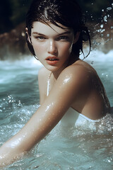 Obraz premium portrait beautiful girl swimming at scenic waterfall wallpaper