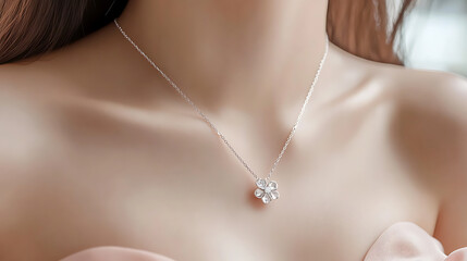 3D small flower crystal chain silver necklace for women and girls, minimalist style white gold chain with a diamond pendant on the neck of an Asian woman wearing a dress 