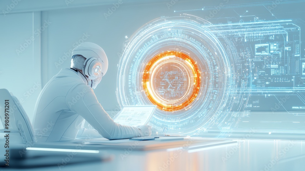 Poster futuristic workspace with robot and digital interface