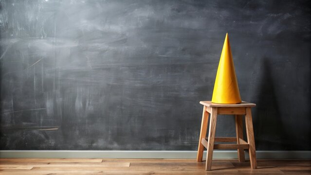Yellow dunce hat placed on a wooden stool next to a chalkboard , education, school, punishment, shame, humor, mistake