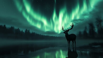 Naklejka premium A majestic deer standing by a serene lake under the mesmerizing aurora borealis, showcasing nature's breathtaking beauty.