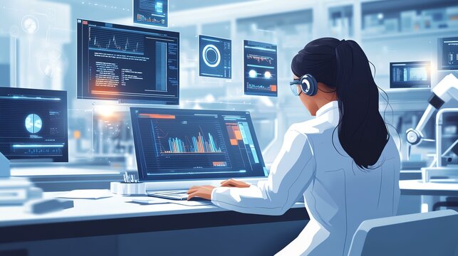 A scientist analyzes data on multiple screens in a modern laboratory, showcasing technology and innovation in research.