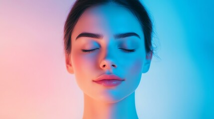 Fototapeta premium A serene woman with closed eyes, illuminated by soft blue and pink lights, embodying tranquility and beauty in a modern aesthetic.