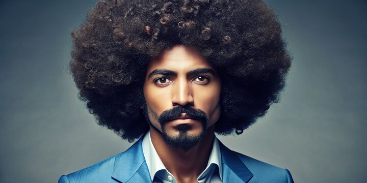 Retro-styled male model sporting a voluminous afro, sideburns, and a bushy mustache, epitomizing the iconic and