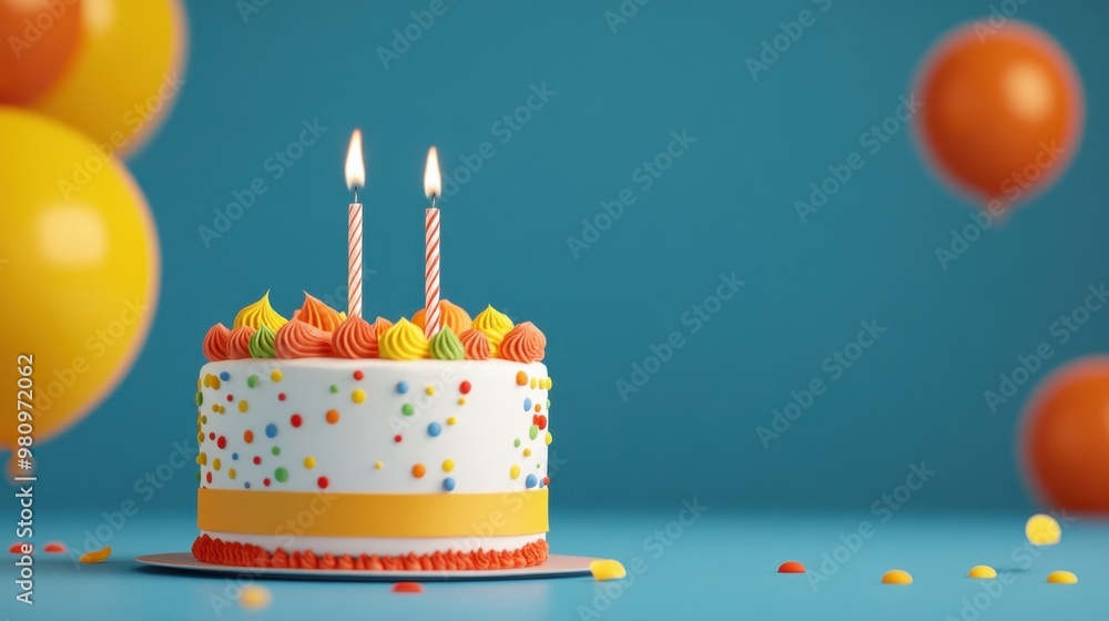 Wall mural A vibrant birthday cake topped with colorful frosting and candles, surrounded by festive balloons, perfect for celebrations.