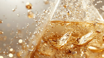 3D Glossy Champagne Pyramid Concept: Celebratory New Year 2025 Icon with Reflections, Sparkling Bubbles, and Opulent Atmosphere on Isolated White Background