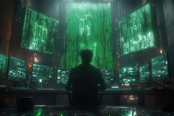 Cybersecurity Sentinel: Analyst Confronts Digital Matrix in High-Tech Command Center