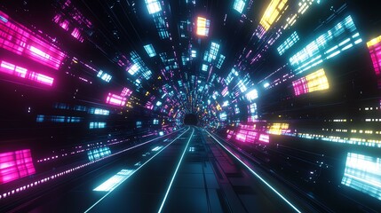 Obraz premium A vibrant digital tunnel filled with colorful lights, showcasing a futuristic concept of motion and technology.