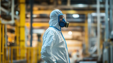 A worker in protective gear stands in a modern industrial environment, highlighting safety and health in manufacturing.