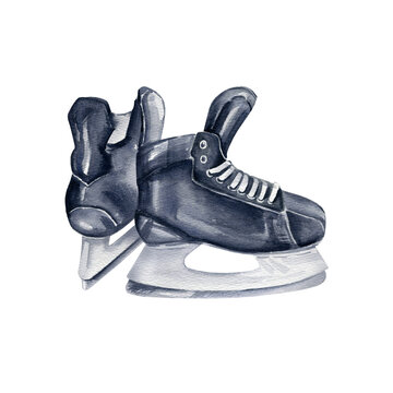recommend clip art: ice hockey skates, pair of black men's hockey shoes, watercolor sketch of sport equipment isolated on white background, hockey uniform for men, for sport store decoration