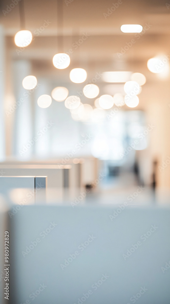 Poster hanging lights softly illuminate rows of desks in a sleek and modern office building, providing a br