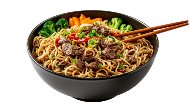 noodles with beef and vegetables in a bowl with chopsticks isolated on a transparent or white background, cut-out, top view,