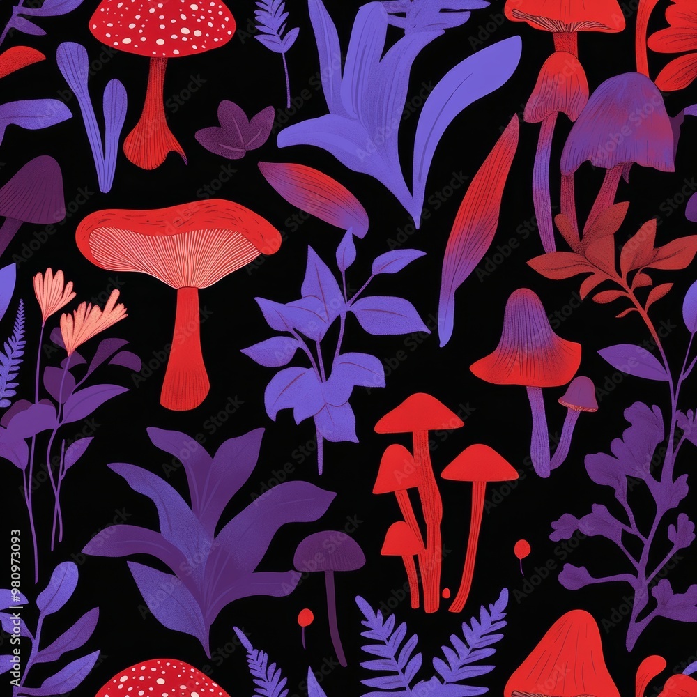 Wall mural the seamless pattern has occult symbols and magic mushrooms