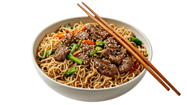 noodles with beef and vegetables in a bowl with chopsticks isolated on a transparent or white background, cut-out, top view,