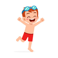 little kid wear swim goggles while jumping
