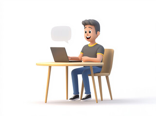 3D Cartoon Character Working on Laptop with Speech Bubble