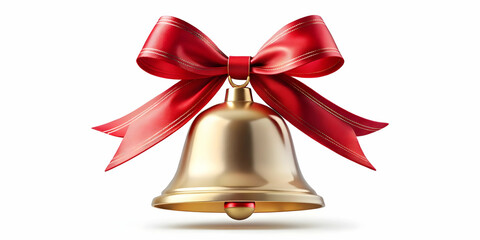 Flat Floating Christmas Bell with Bright Red Ribbon on White Background - Ideal for Holiday Promotions and Festive Infographics, Close-Up Design