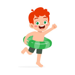 little kid running and wear swim ring