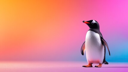 Fototapeta premium A charming penguin stands against a vibrant, colorful background, showcasing its unique features and playful spirit.