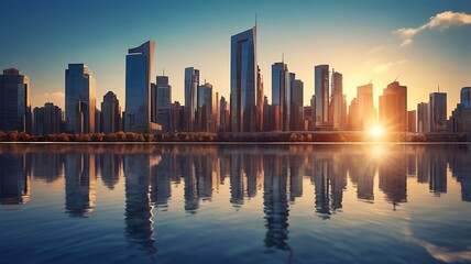 Fototapeta premium Buildings and reflections in a futuristic financial district, surrounded by smart city skyscrapers