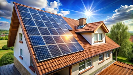 Fototapeta premium Renewable energy from solar panels on a house rooftop, solar panels, renewable