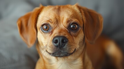 Obraz premium A close-up photograph of a small, brown dog with large, expressive eyes looking directly at the camera while sitting on a gray plush surface, showcasing its adorable and attentive expression