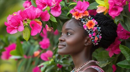 A woman adorned with a floral headdress and colorful attire is surrounded by a vibrant array of pink and orange flowers, capturing the essence of natural beauty and cultural expression