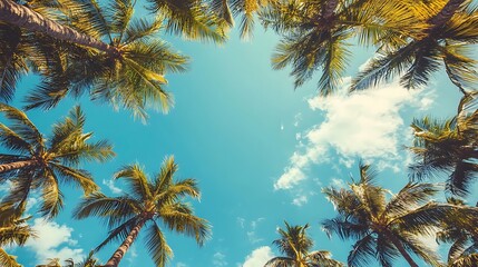 A serene view of palm trees against a bright blue sky with scattered clouds.