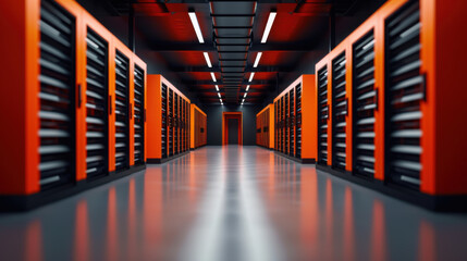 A futuristic data center featuring rows of orange server racks in a sleek, well-lit environment, symbolizing advanced technology.