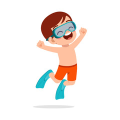 little kid wear swim goggles and fin while jumping