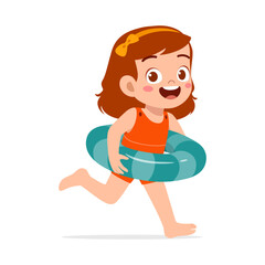 little kid running and wear swim ring